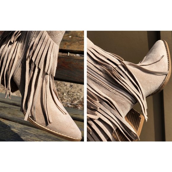Fringe Tassel Faux Suede Pointy Toe Block Heel Western Booties Boots Taupe - Picture 8 of 13